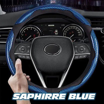 Sapphire Blue patterned steering wheel cover fitted on a car wheel