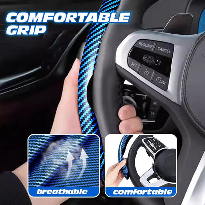 Close-up of blue patterned sections on the steering wheel cover
