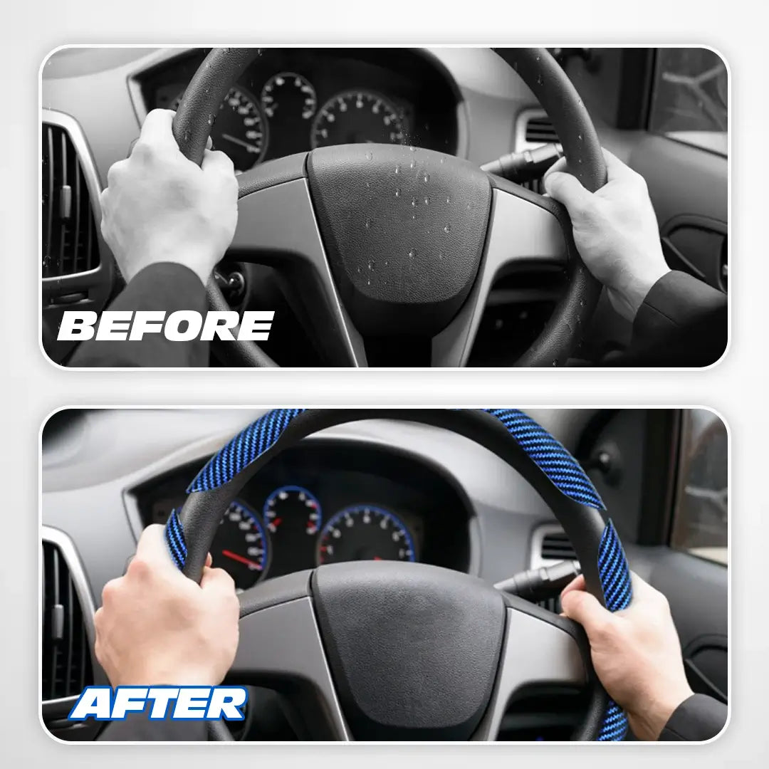 Steering wheel before and with a blue patterned cover