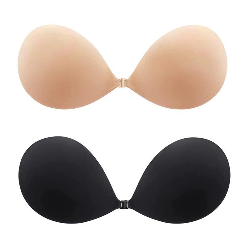 Black and Nude front-closure adhesive bras on a white background