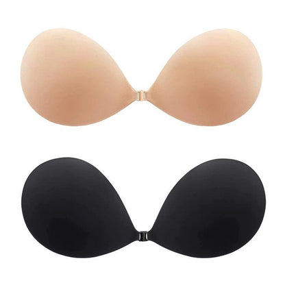 Black and Nude front-closure adhesive bras on a white background