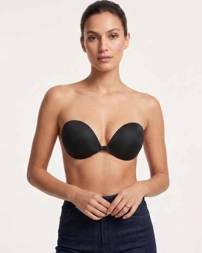 Black adhesive bra styled with pants