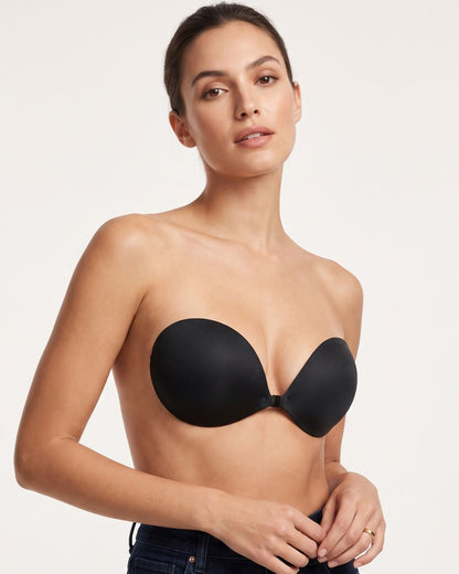 Black adhesive bra shown at an angle