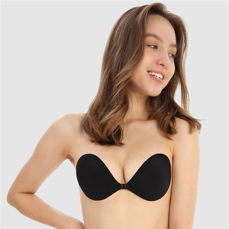 Black adhesive bra shown in a second pose