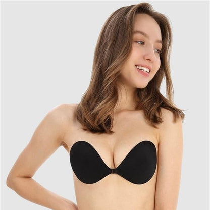 Black adhesive bra shown in a second pose