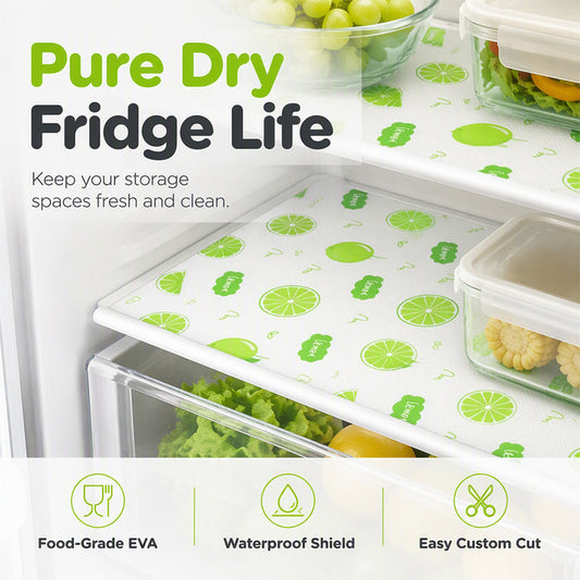 Lime-pattern liner on a refrigerator shelf