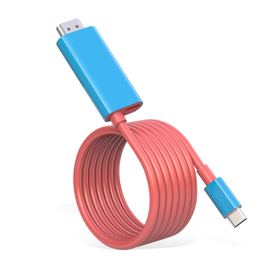 Red and blue USB-C to HDMI cable on white background