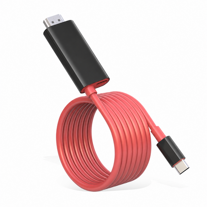 Black and red USB-C to HDMI cable on white background