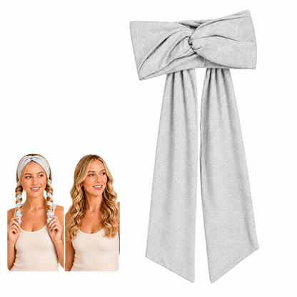 Gray curling headband and styling example