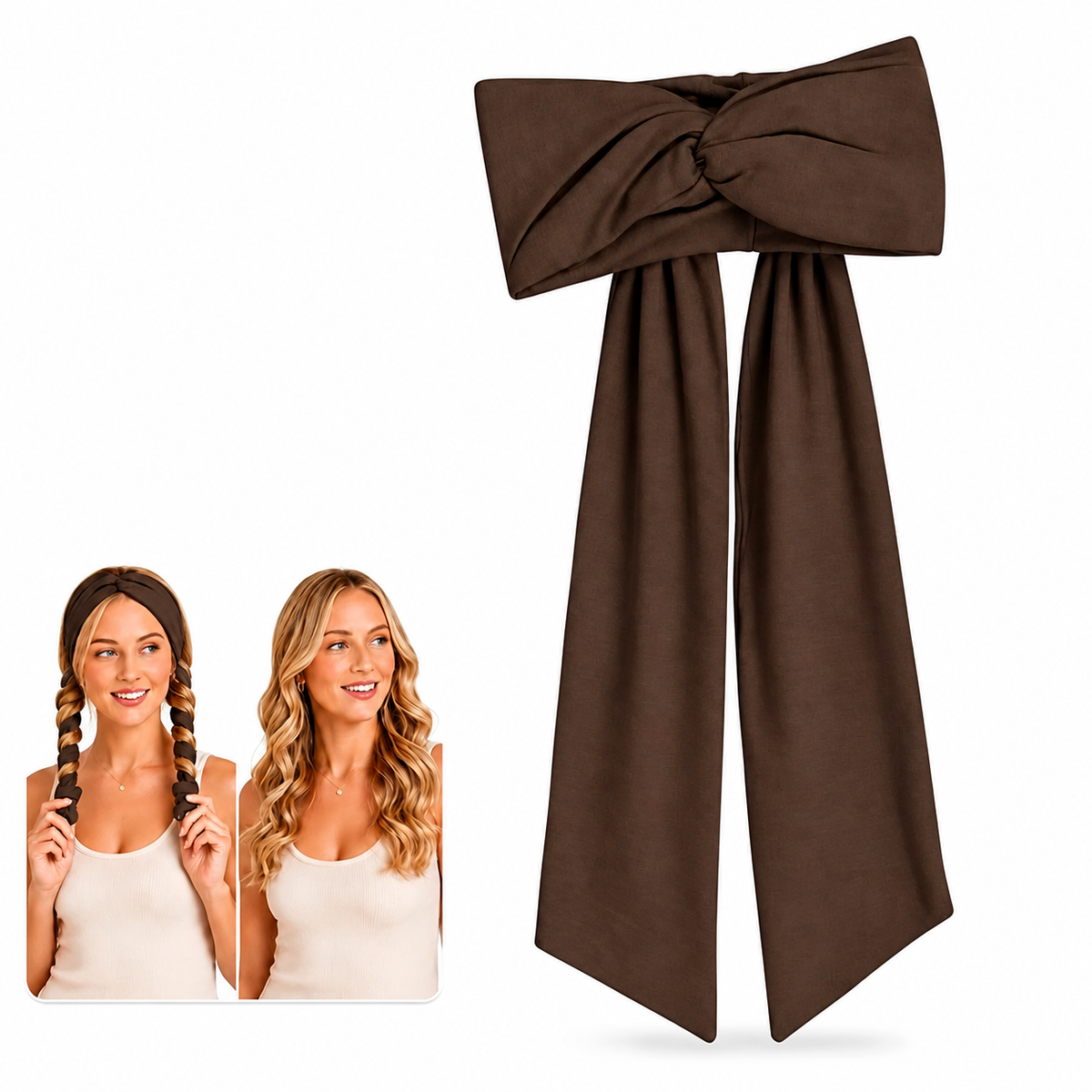 Brown curling headband and styling example