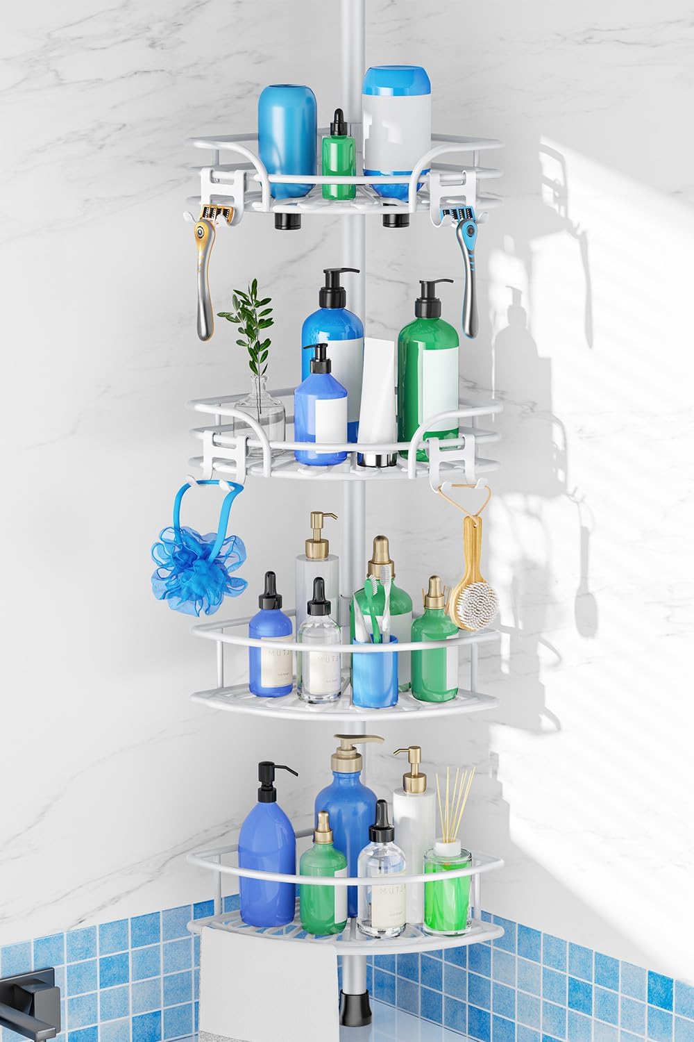 Corner Shower Caddy Tension Pole: 4-Tier Large Capacity Bathroom Organizer Shelf with Towel Bar - Rustproof No-Drill Adjustable 47-123 inch Storage for Renters, Home Bathtub Stand Rack, Black