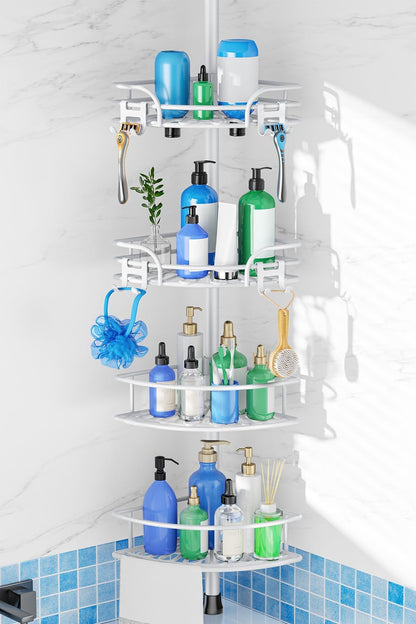Corner Shower Caddy Tension Pole: 4-Tier Large Capacity Bathroom Organizer Shelf with Towel Bar - Rustproof No-Drill Adjustable 47-123 inch Storage for Renters, Home Bathtub Stand Rack, Black