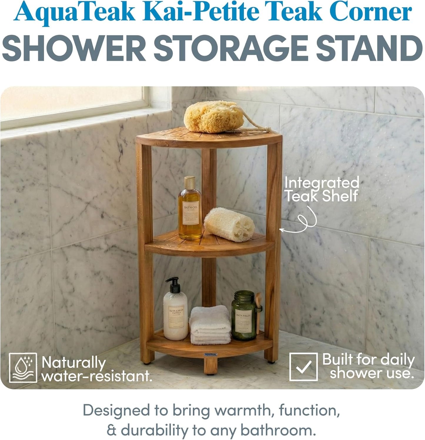 12" Kai-Petite Teak Corner Shelf Stand - Shower Stand with 3 Tier Shelf for Bathroom - Durable Water Resistant Shower Organizer - Space-Saving Storage Shelves with Anti-Slip Feet
