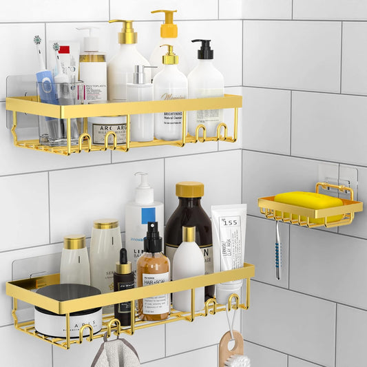 3-Pack Shower Caddy Basket Shelf with Soap Holder, No Drilling Traceless Adhesive Shower Wall Shelves, Rustproof Black Bathroom Shower Storage Organizer