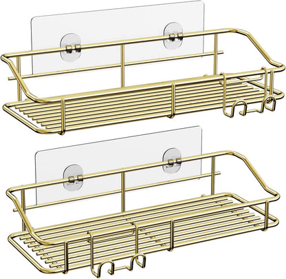 Shower Caddy Shelf Storage Rack Adhesive Without Drilling Stainless Steel with Hooks for Washroom, Lavatory, Restroom, Toilet, Bathroom, Kitchen - 2 Pack