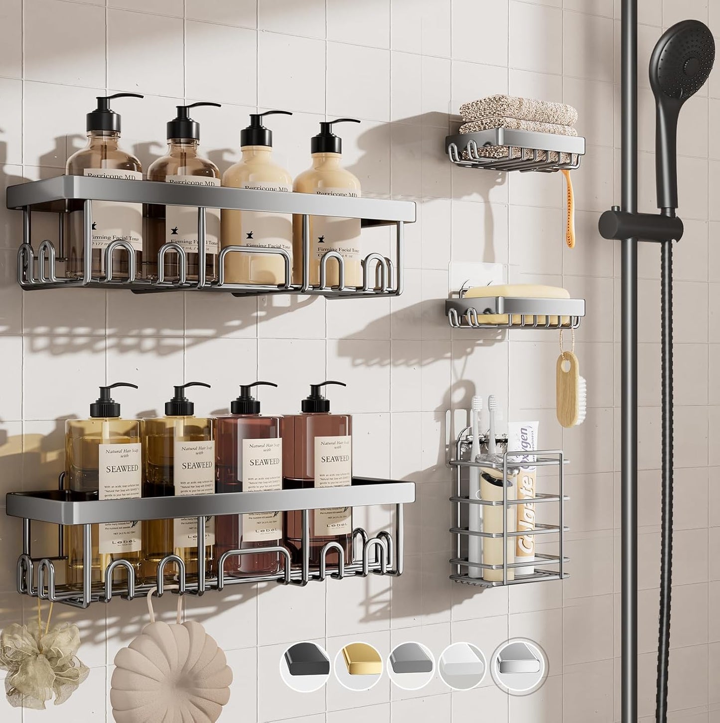 Shower Caddy 6-Pack, Advanced Rustproof Design, No Drilling Adhesive Shelves, Rack with Soap Holder, Large Capacity Bathroom Organizers and Storage, Wall-Mounted Kitchen & Home Decor