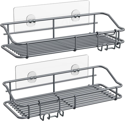 Shower Caddy Shelf Storage Rack Adhesive Without Drilling Stainless Steel with Hooks for Washroom, Lavatory, Restroom, Toilet, Bathroom, Kitchen - 2 Pack