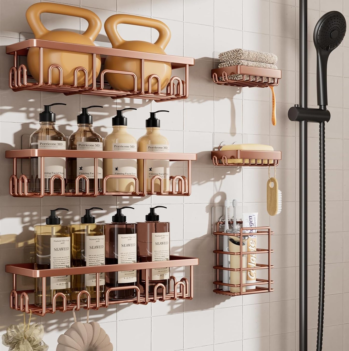 Shower Caddy 6-Pack, Advanced Rustproof Design, No Drilling Adhesive Shelves, Rack with Soap Holder, Large Capacity Bathroom Organizers and Storage, Wall-Mounted Kitchen & Home Decor
