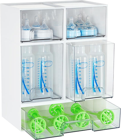 Stackable Storage Drawers Set of 5, Clear Plastic Organizer Bins for Baby Bottle, Beauty Supplies Storage, Ideal for Kichen Countertop, Vanity, Bathroom, Cabinet, Pantry Organization