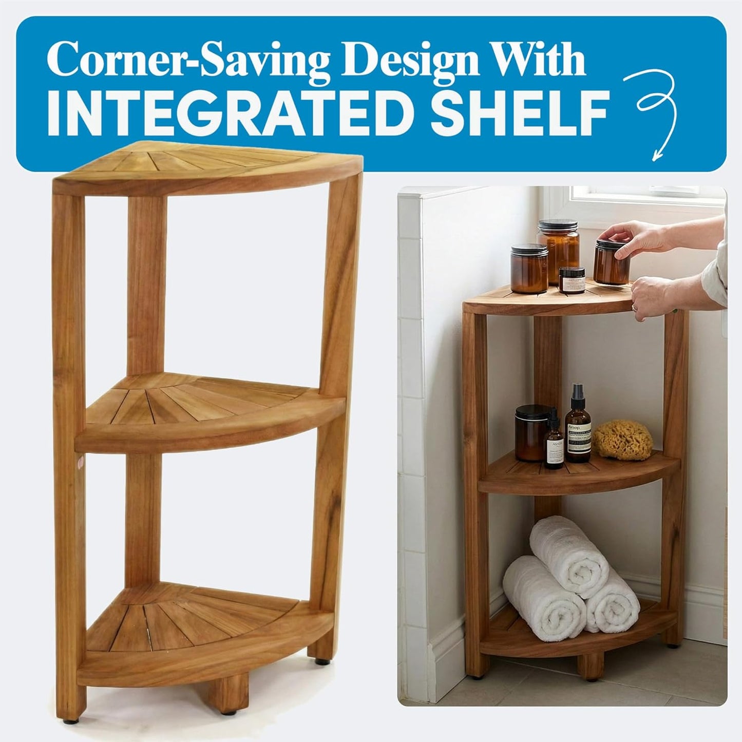 12" Kai-Petite Teak Corner Shelf Stand - Shower Stand with 3 Tier Shelf for Bathroom - Durable Water Resistant Shower Organizer - Space-Saving Storage Shelves with Anti-Slip Feet