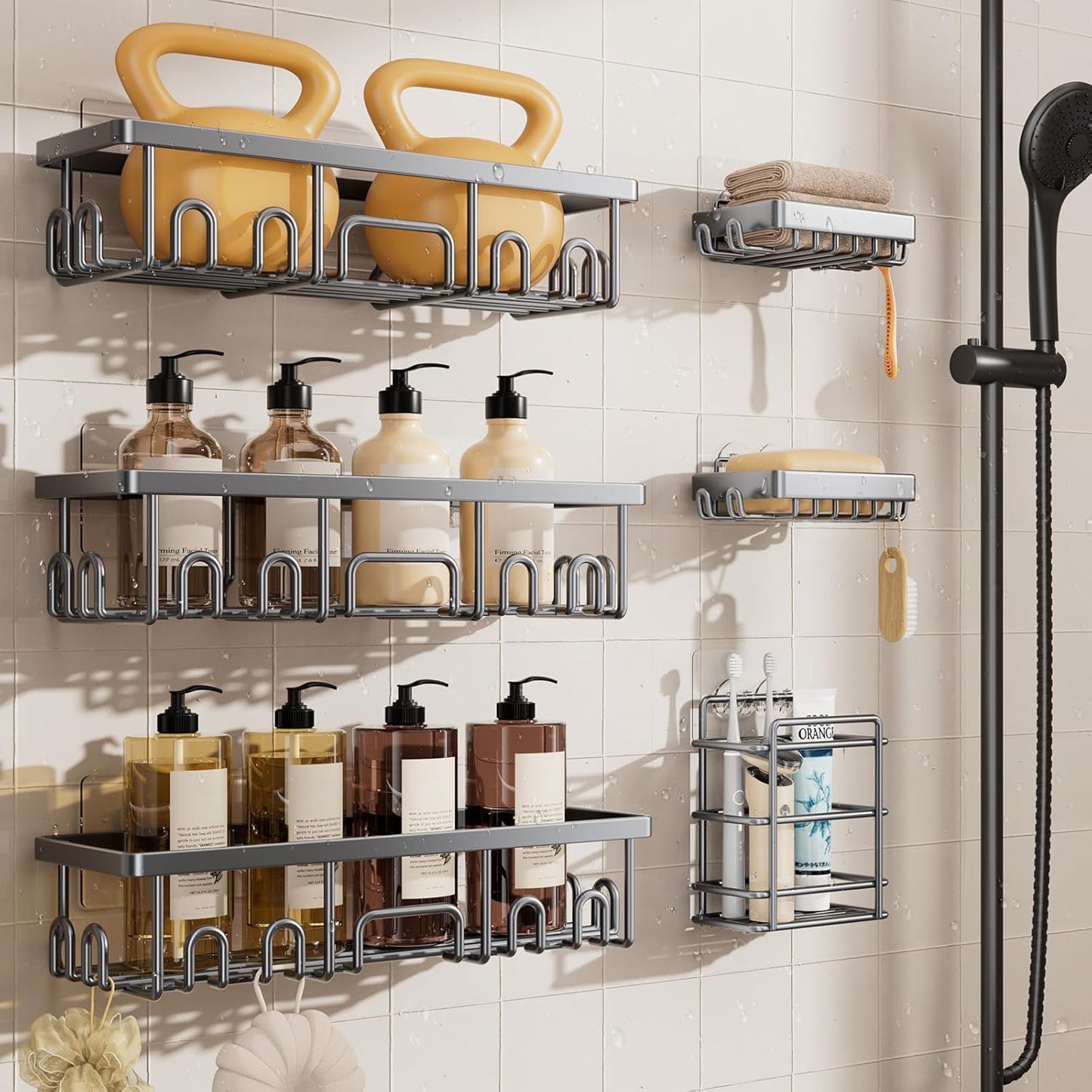 Shower Caddy 6-Pack, Advanced Rustproof Design, No Drilling Adhesive Shelves, Rack with Soap Holder, Large Capacity Bathroom Organizers and Storage, Wall-Mounted Kitchen & Home Decor