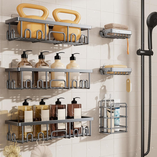 Shower Caddy 6-Pack, Advanced Rustproof Design, No Drilling Adhesive Shelves, Rack with Soap Holder, Large Capacity Bathroom Organizers and Storage, Wall-Mounted Kitchen & Home Decor