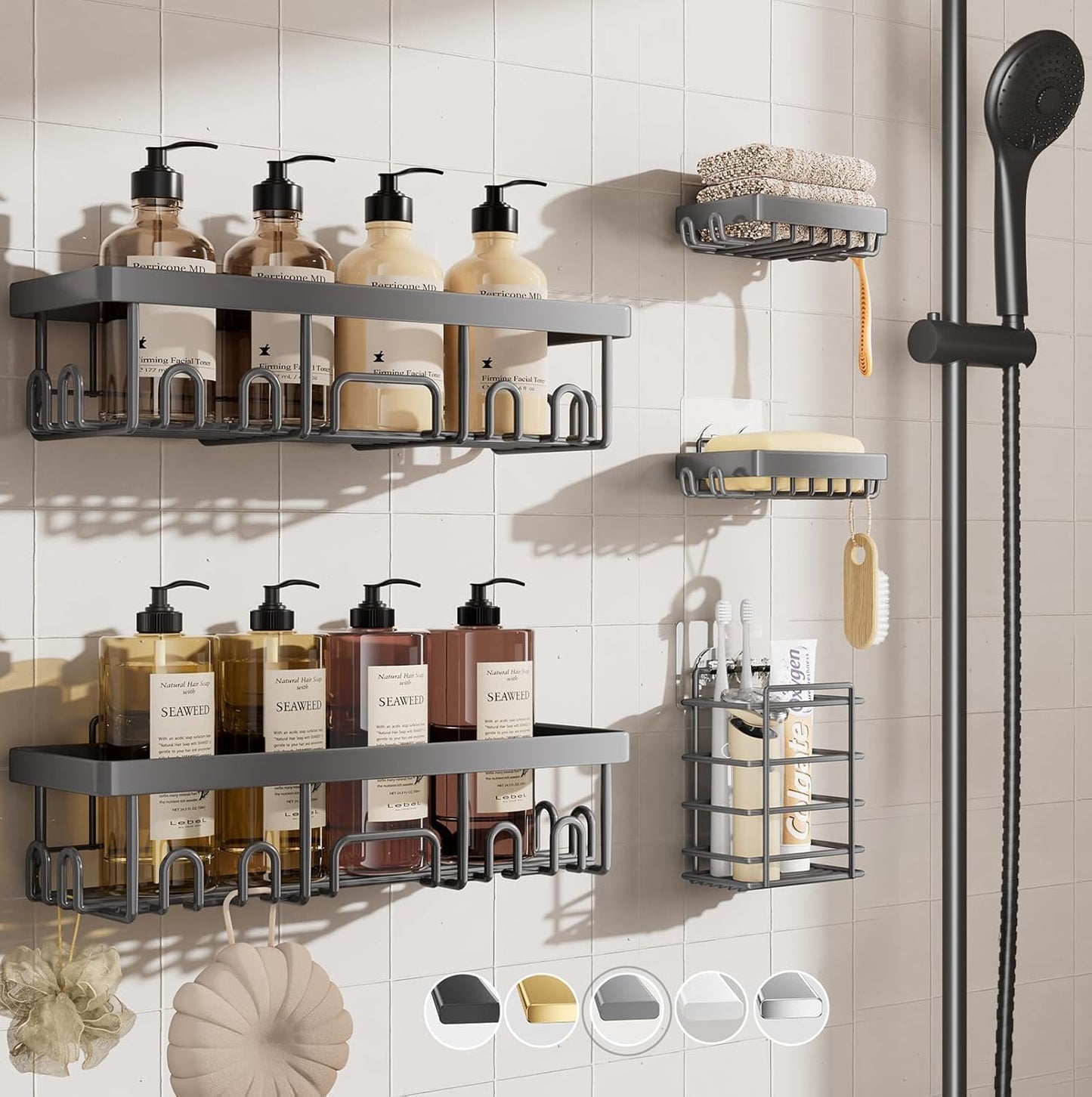 Shower Caddy 6-Pack, Advanced Rustproof Design, No Drilling Adhesive Shelves, Rack with Soap Holder, Large Capacity Bathroom Organizers and Storage, Wall-Mounted Kitchen & Home Decor