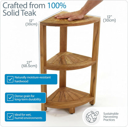 12" Kai-Petite Teak Corner Shelf Stand - Shower Stand with 3 Tier Shelf for Bathroom - Durable Water Resistant Shower Organizer - Space-Saving Storage Shelves with Anti-Slip Feet