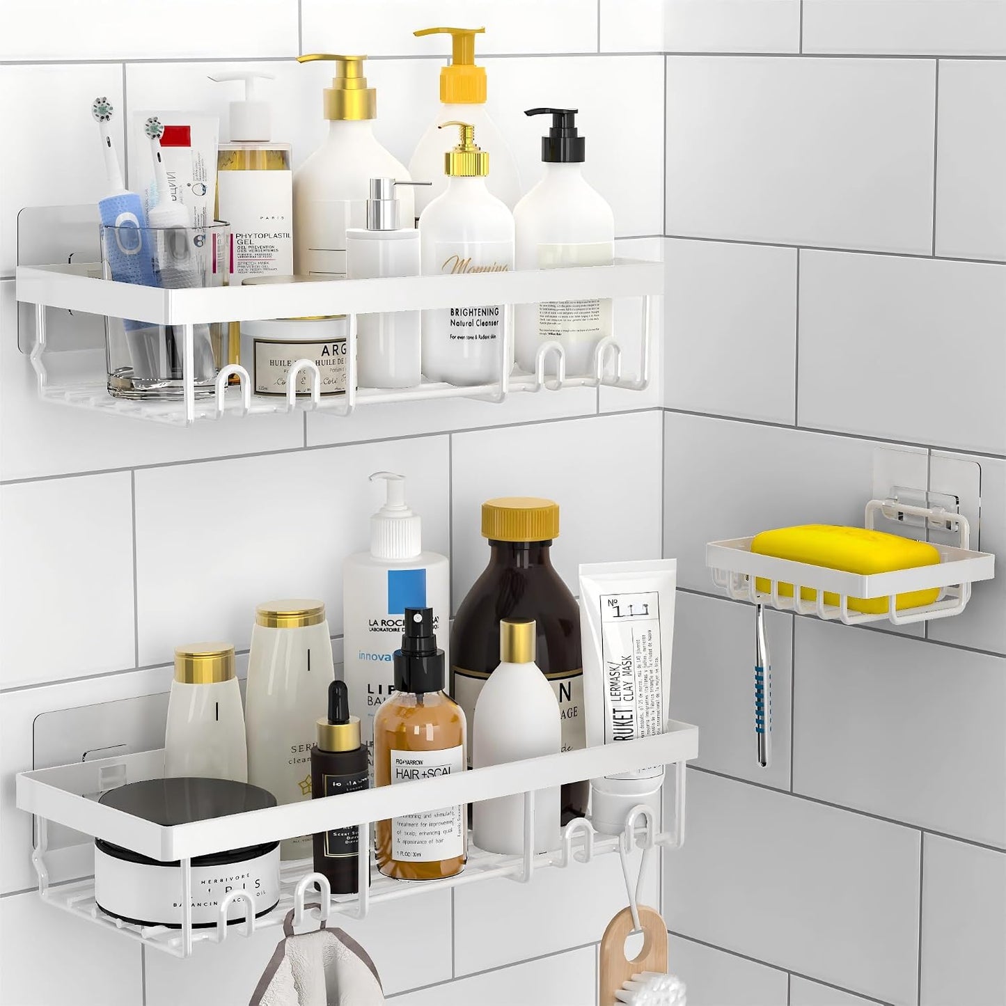 3-Pack Shower Caddy Basket Shelf with Soap Holder, No Drilling Traceless Adhesive Shower Wall Shelves, Rustproof Black Bathroom Shower Storage Organizer