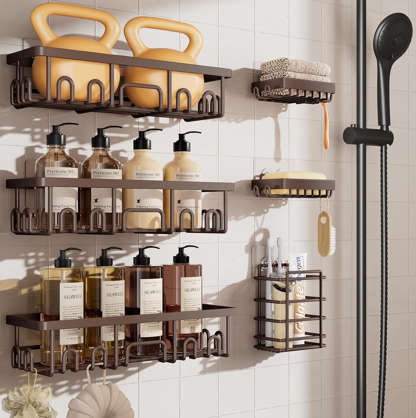 Shower Caddy 6-Pack, Advanced Rustproof Design, No Drilling Adhesive Shelves, Rack with Soap Holder, Large Capacity Bathroom Organizers and Storage, Wall-Mounted Kitchen & Home Decor