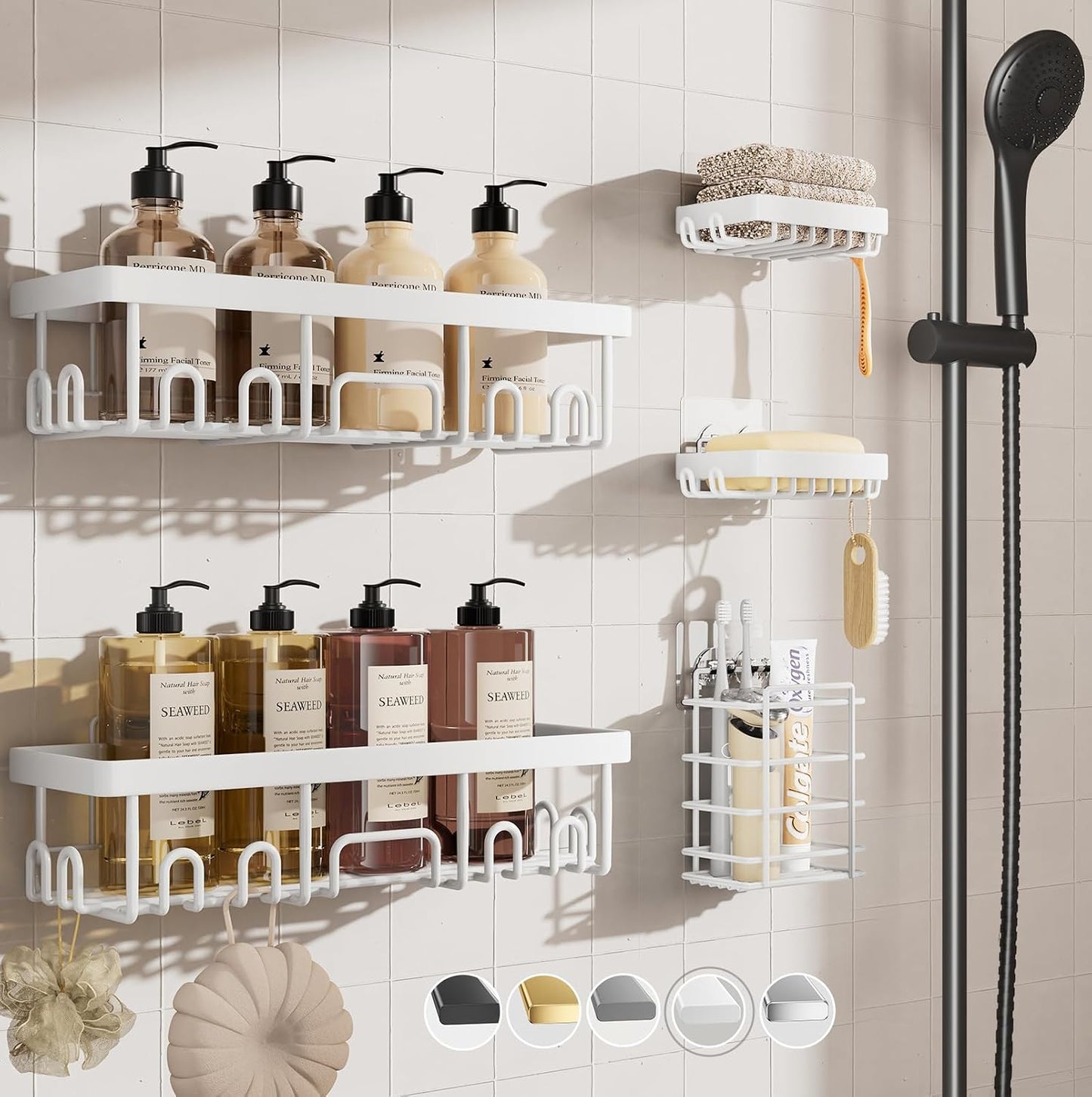 Shower Caddy 6-Pack, Advanced Rustproof Design, No Drilling Adhesive Shelves, Rack with Soap Holder, Large Capacity Bathroom Organizers and Storage, Wall-Mounted Kitchen & Home Decor