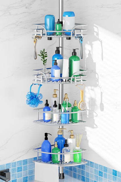 Corner Shower Caddy Tension Pole: 4-Tier Large Capacity Bathroom Organizer Shelf with Towel Bar - Rustproof No-Drill Adjustable 47-123 inch Storage for Renters, Home Bathtub Stand Rack, Black