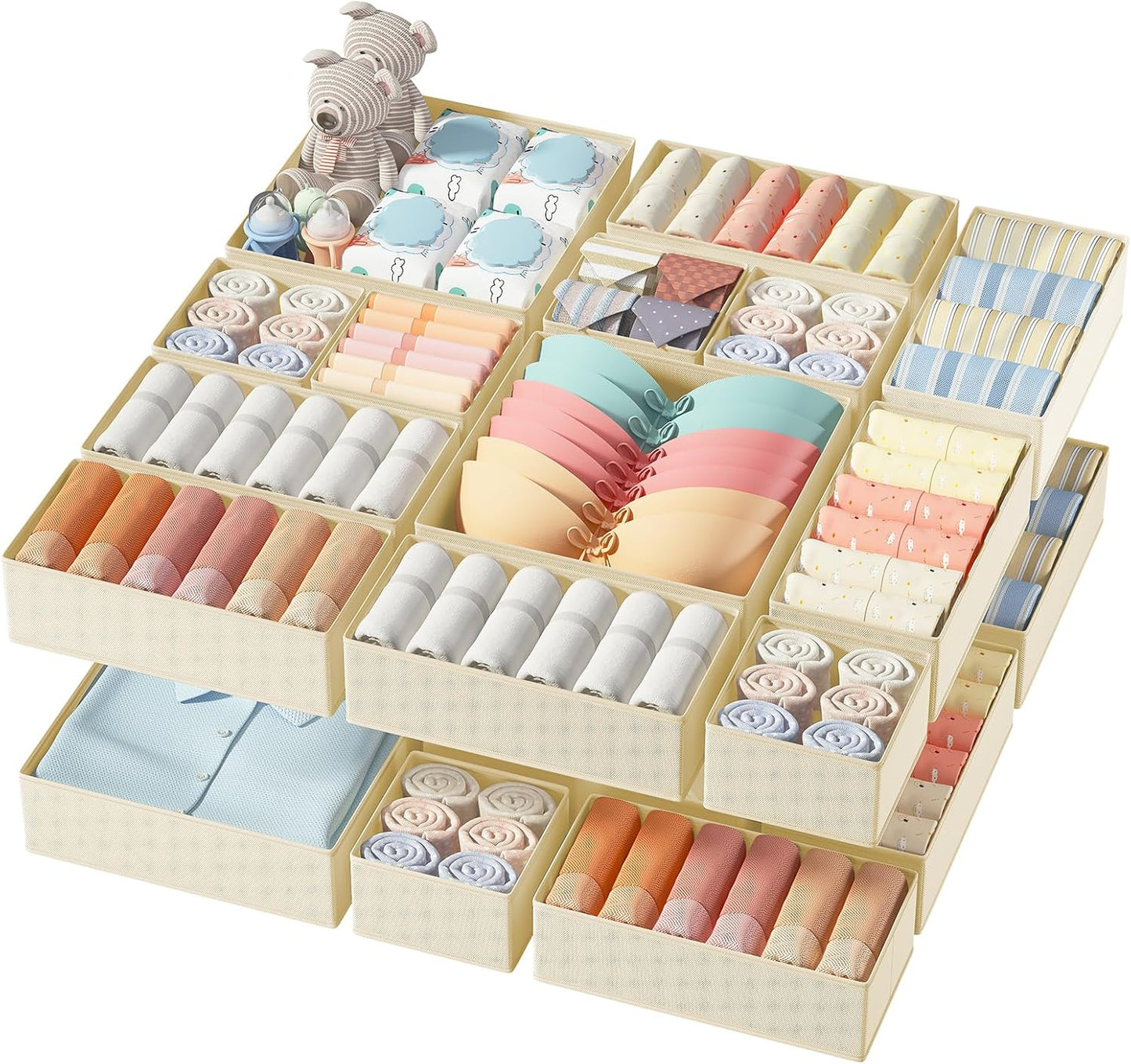 Drawer Organizer Clothes, 12 Pack Dresser Organizer, Foldable Closet Organizers and Storage, Fabric Dresser Bins, Drawer Dividers for Nursery, Baby Clothes, Underwears, Sock (Beige)