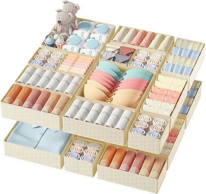 Drawer Organizer Clothes, 12 Pack Dresser Organizer, Foldable Closet Organizers and Storage, Fabric Dresser Bins, Drawer Dividers for Nursery, Baby Clothes, Underwears, Sock (Beige)