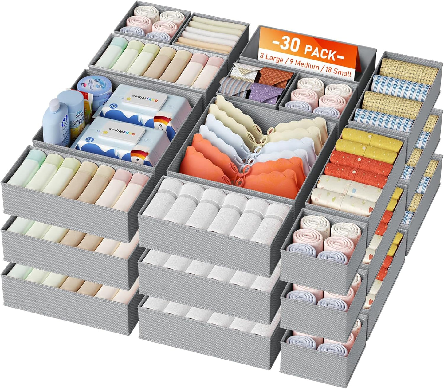 Drawer Organizer Clothes, 12 Pack Dresser Organizer, Foldable Closet Organizers and Storage, Fabric Dresser Bins, Drawer Dividers for Nursery, Baby Clothes, Underwears, Sock (Beige)