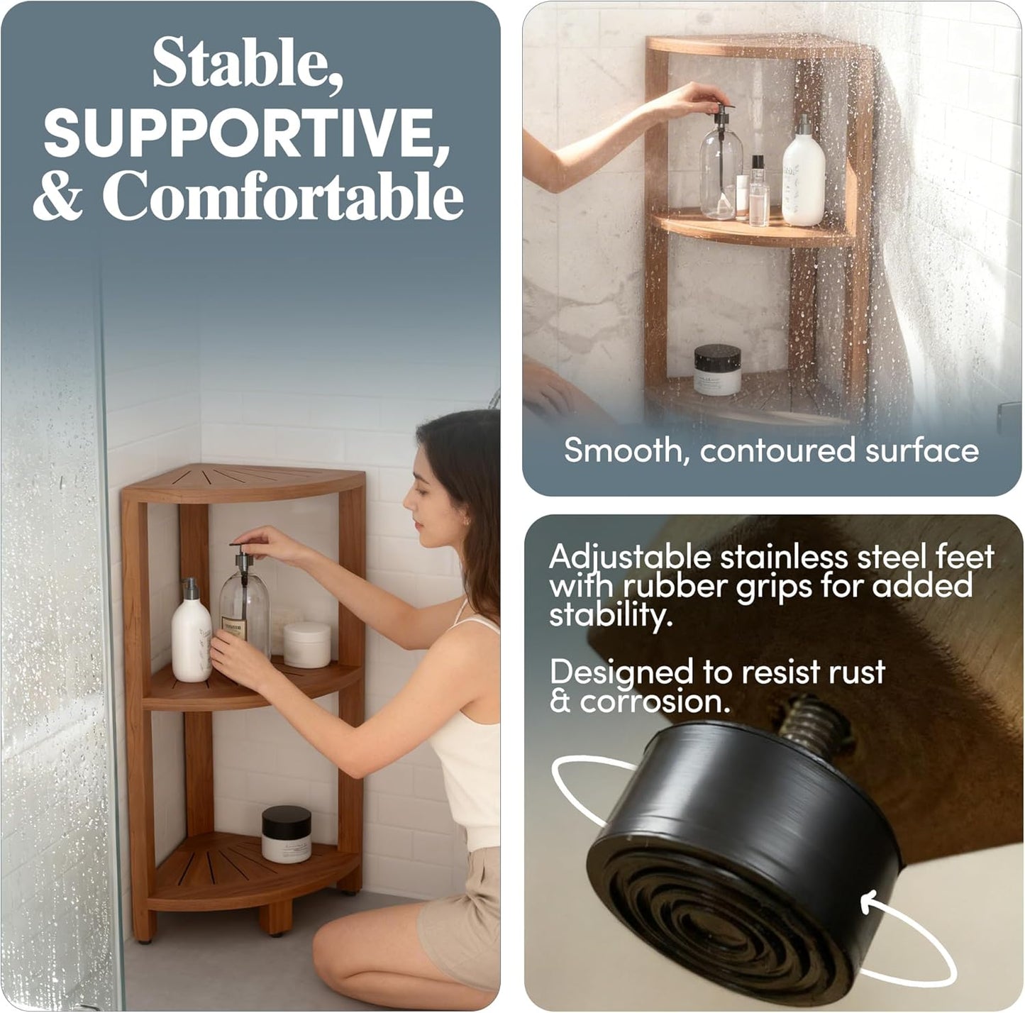 12" Kai-Petite Teak Corner Shelf Stand - Shower Stand with 3 Tier Shelf for Bathroom - Durable Water Resistant Shower Organizer - Space-Saving Storage Shelves with Anti-Slip Feet