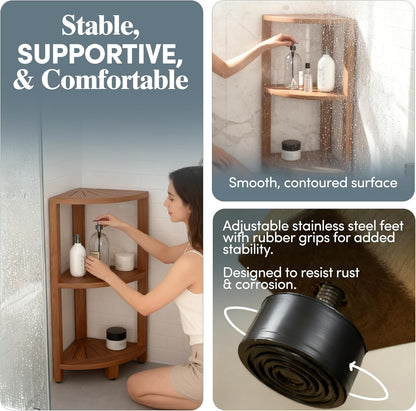 12" Kai-Petite Teak Corner Shelf Stand - Shower Stand with 3 Tier Shelf for Bathroom - Durable Water Resistant Shower Organizer - Space-Saving Storage Shelves with Anti-Slip Feet