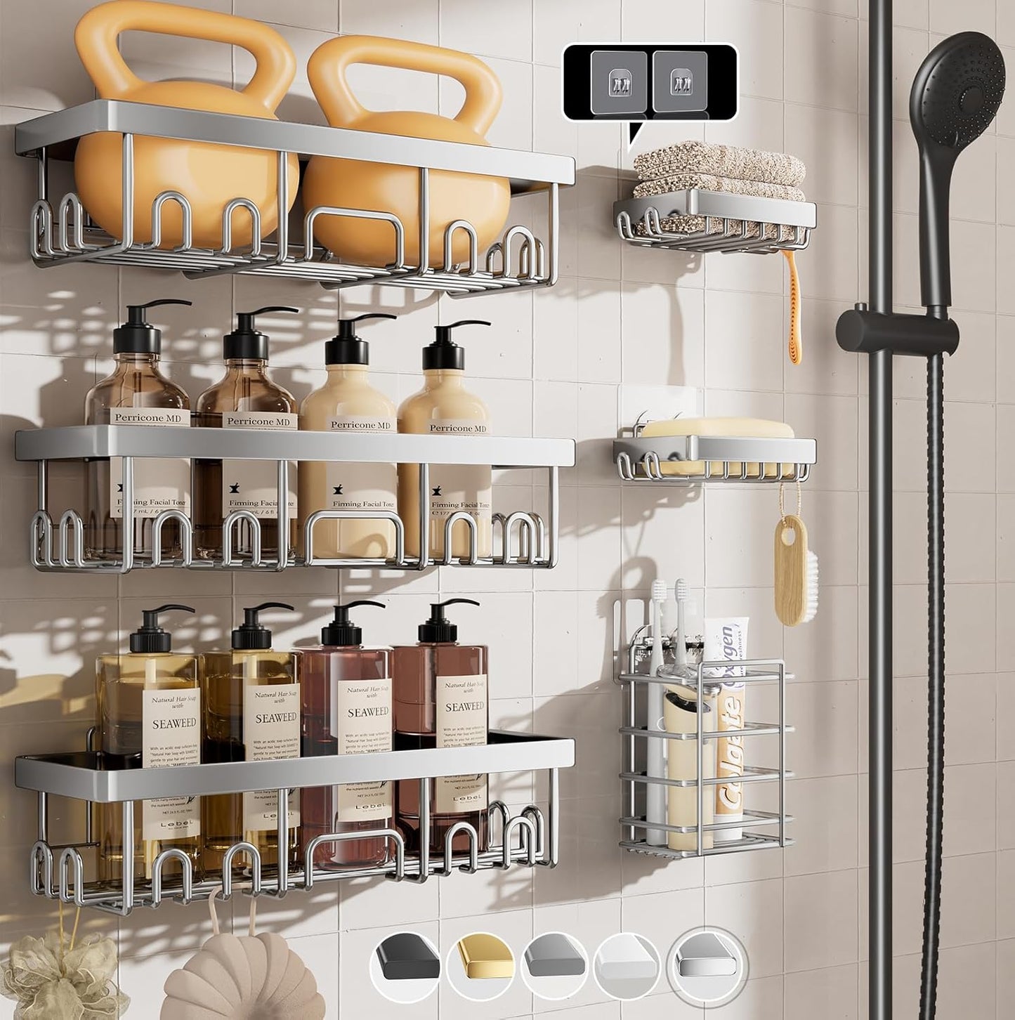 Shower Caddy 6-Pack, Advanced Rustproof Design, No Drilling Adhesive Shelves, Rack with Soap Holder, Large Capacity Bathroom Organizers and Storage, Wall-Mounted Kitchen & Home Decor