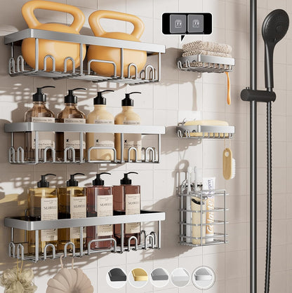 Shower Caddy 6-Pack, Advanced Rustproof Design, No Drilling Adhesive Shelves, Rack with Soap Holder, Large Capacity Bathroom Organizers and Storage, Wall-Mounted Kitchen & Home Decor