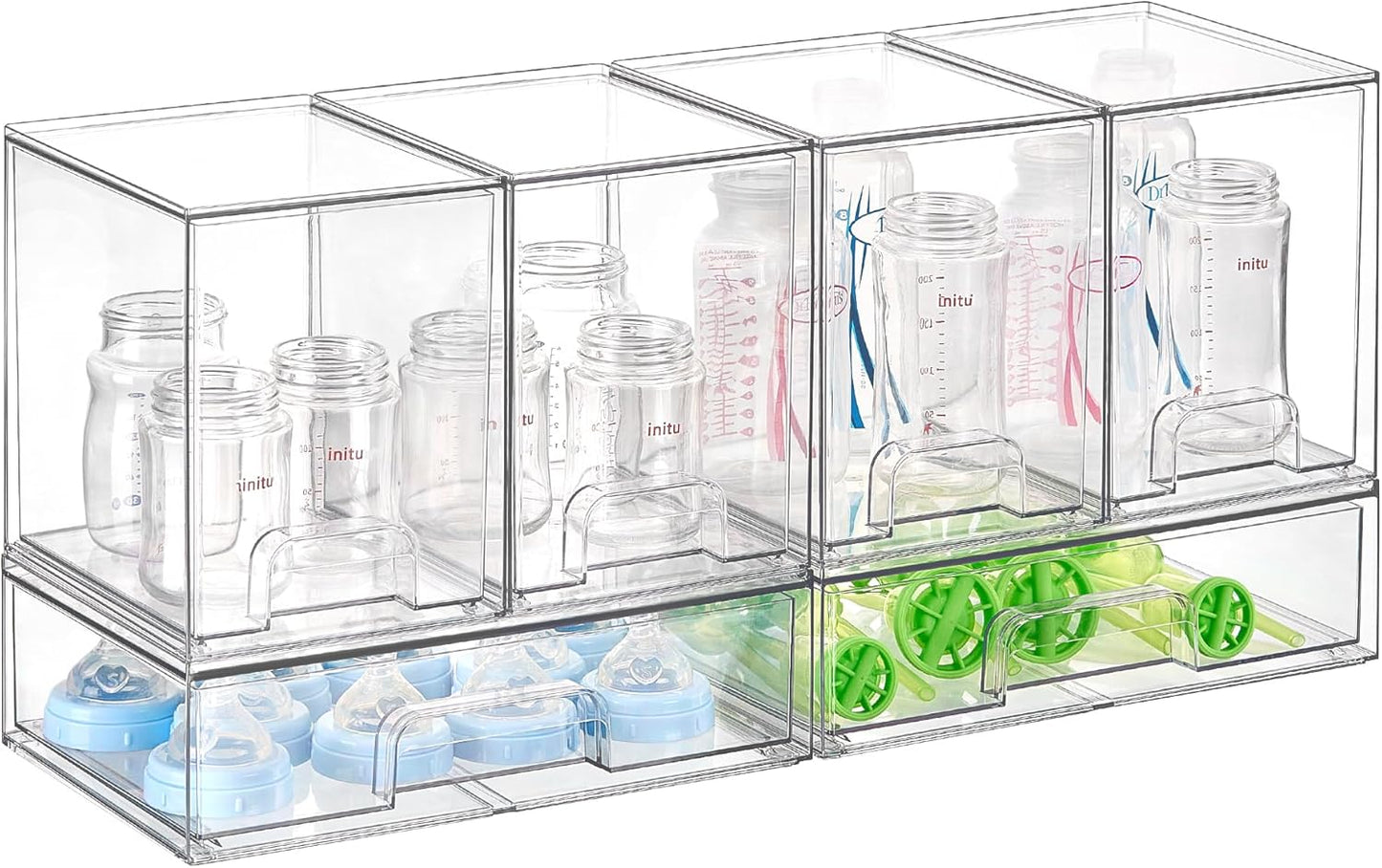 Stackable Storage Drawers Set of 5, Clear Plastic Organizer Bins for Baby Bottle, Beauty Supplies Storage, Ideal for Kichen Countertop, Vanity, Bathroom, Cabinet, Pantry Organization