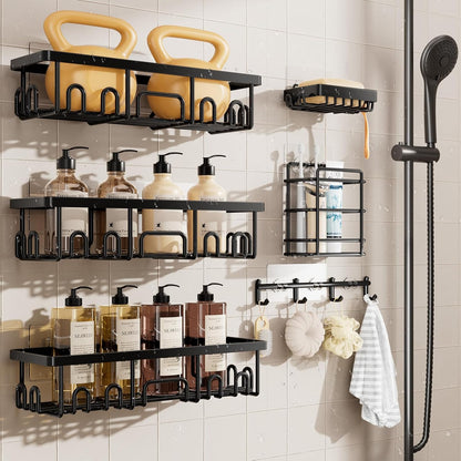 Shower Caddy 6-Pack, Advanced Rustproof Design, No Drilling Adhesive Shelves, Rack with Soap Holder, Large Capacity Bathroom Organizers and Storage, Wall-Mounted Kitchen & Home Decor