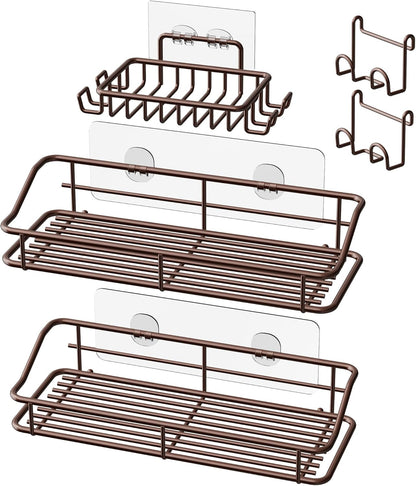 Shower Caddy Shelf Storage Rack Adhesive Without Drilling Stainless Steel with Hooks for Washroom, Lavatory, Restroom, Toilet, Bathroom, Kitchen - 2 Pack