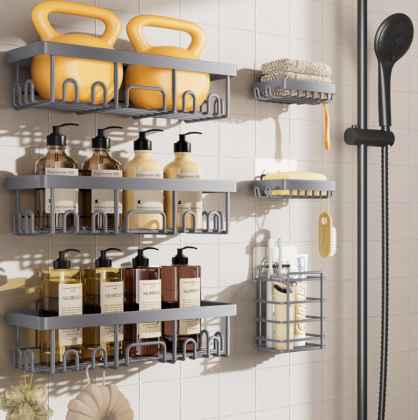 Shower Caddy 6-Pack, Advanced Rustproof Design, No Drilling Adhesive Shelves, Rack with Soap Holder, Large Capacity Bathroom Organizers and Storage, Wall-Mounted Kitchen & Home Decor