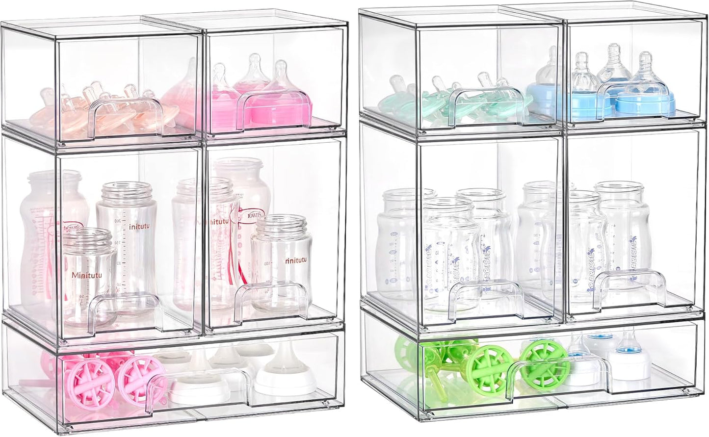 Stackable Storage Drawers Set of 5, Clear Plastic Organizer Bins for Baby Bottle, Beauty Supplies Storage, Ideal for Kichen Countertop, Vanity, Bathroom, Cabinet, Pantry Organization