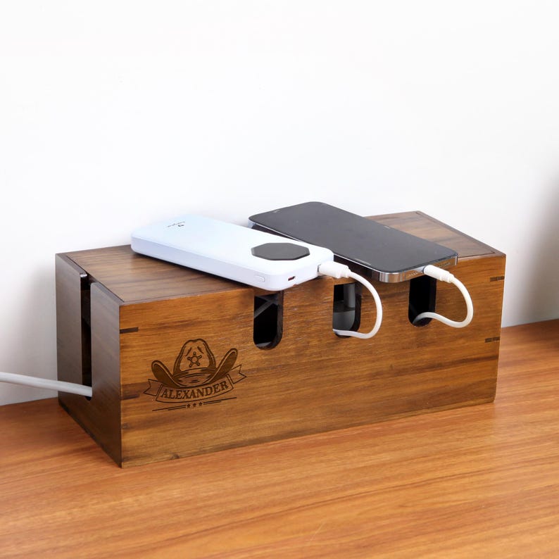 Fathers Day Custom Wood Cable Management Box – Cord Organizer, Cable Holder, Wire Hider Box,Desk Organizer,Gift for Her,Office Gift Decor