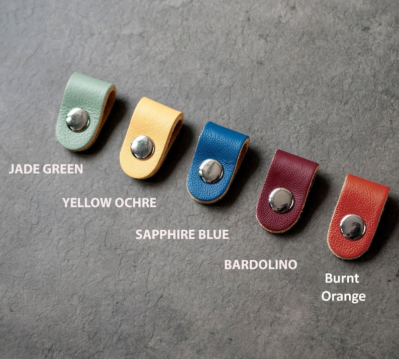 Full Grain Leather Cord Organizer, Colorful Headphone Cable Holder, Snap Tie
