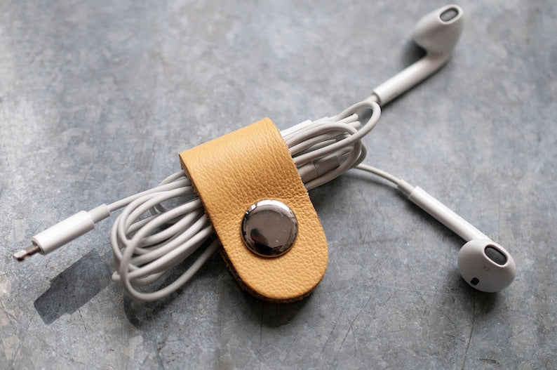 Full Grain Leather Cord Organizer, Colorful Headphone Cable Holder, Snap Tie