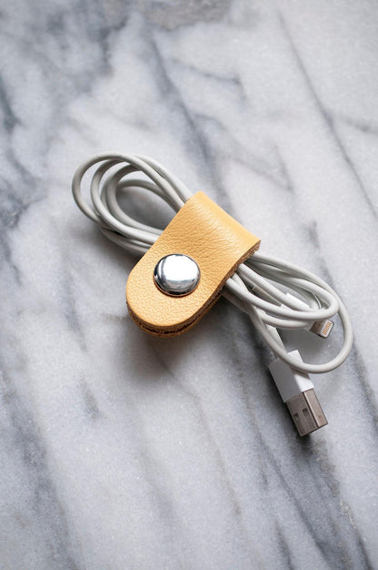 Full Grain Leather Cord Organizer, Colorful Headphone Cable Holder, Snap Tie