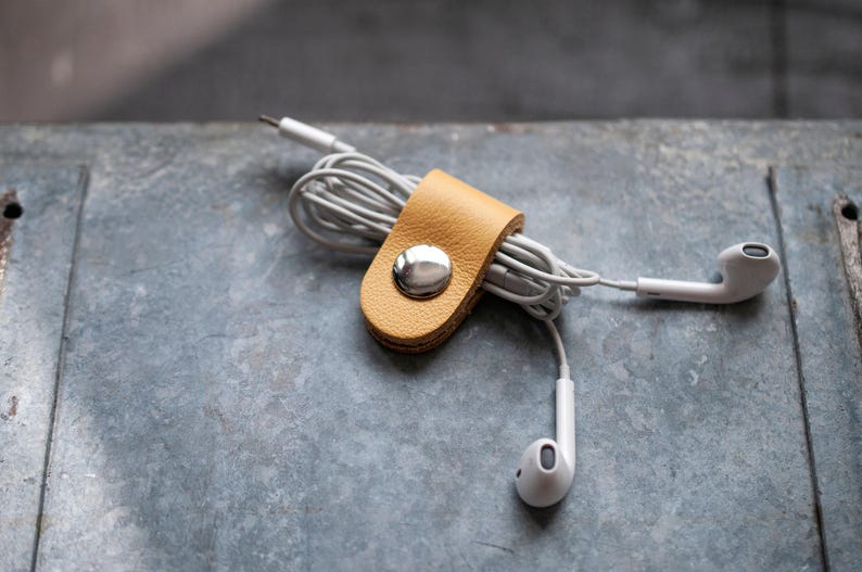 Full Grain Leather Cord Organizer, Colorful Headphone Cable Holder, Snap Tie