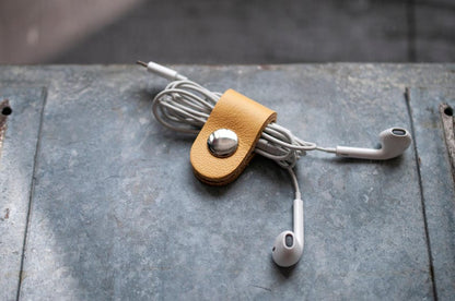 Full Grain Leather Cord Organizer, Colorful Headphone Cable Holder, Snap Tie